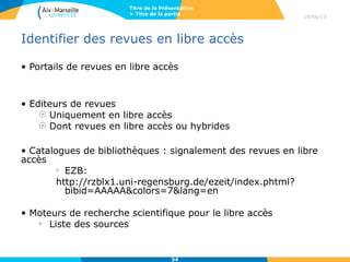 Scielo et Redalyc, portails de revues en libre
accès ibéroaméricaines
29/04/13
34
http://www.scielo.org/php/index.php - SHS
http://www.redalyc.org/
 
