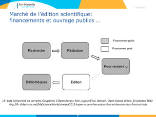 Prix des revues, Big Deal
29/04/13
7
Augmentation du coût des ouvrages et
des périodiques dans les bibliothèques
de l'Association of Research Libraries
entre 1986-2003
in : ARL, Statistics 2002-03, Association
of Research libraires, Washington D.C.,
2004.
Cité par Julien Sicot. Open Science, Open Access, Science 2.0. Les nouvelles modalités de la communication scientifique, URFIST Rennes, 2010.
http://www.slideshare.net/jsicot/open-science-open-access-science20-de-nouvelles-modalits-pour-la-communication-scientifique
Augmentation supérieure à l’inflation
 Les Big Deal : bouquets imposés
Parallèlement les budgets publics se
Réduisent
Exemple d’Elsevier:
- 2010, ABES (127 établissements): 13,6 M°
= 69% budget total RE
-Coût des abonnements x2 2012/2013
(1,2 million d’euros)
 