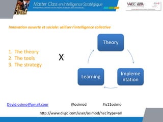 Innovation ouverte et sociale: utiliser l’intelligence collective


                                                            Theory
1. The theory
2. The tools                   X
3. The strategy
                                                                     Impleme
                                              Learning
                                                                      ntation



David.osimo@gmail.com                  @osimod             #is11osimo

                   http://www.diigo.com/user/osimod/hec?type=all
 