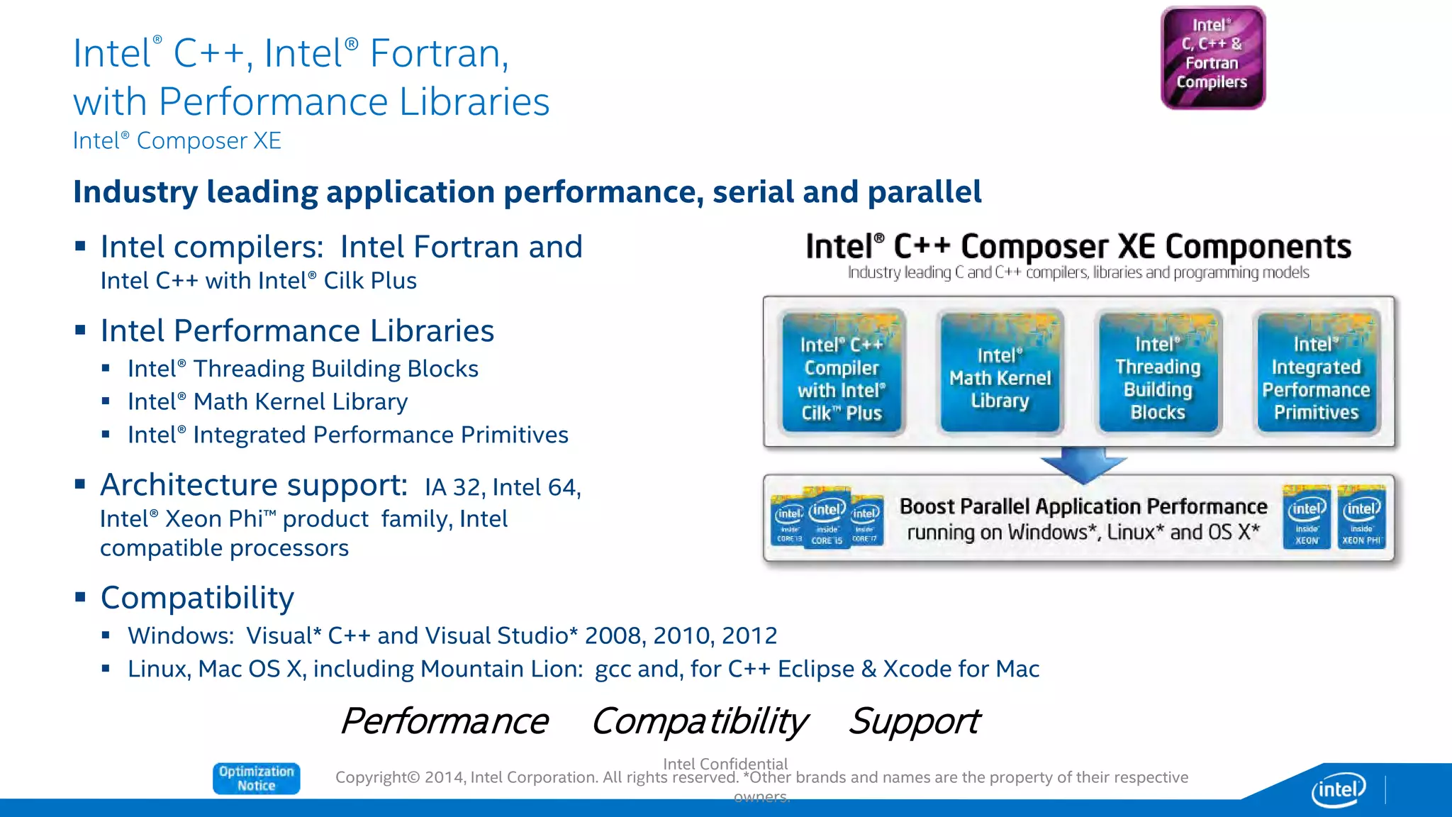 Copyright© 2014, Intel Corporation. All rights reserved. *Other brands and names are the property of their respective
owners.
Intel® C++, Intel® Fortran,
with Performance Libraries
Intel® Composer XE
Industry leading application performance, serial and parallel
 Intel compilers: Intel Fortran and
Intel C++ with Intel® Cilk Plus
 Intel Performance Libraries
 Intel® Threading Building Blocks
 Intel® Math Kernel Library
 Intel® Integrated Performance Primitives
 Architecture support: IA 32, Intel 64,
Intel® Xeon Phi™ product family, Intel
compatible processors
 Compatibility
 Windows: Visual* C++ and Visual Studio* 2008, 2010, 2012
 Linux, Mac OS X, including Mountain Lion: gcc and, for C++ Eclipse & Xcode for Mac
Performance Compatibility Support
Intel Confidential
 