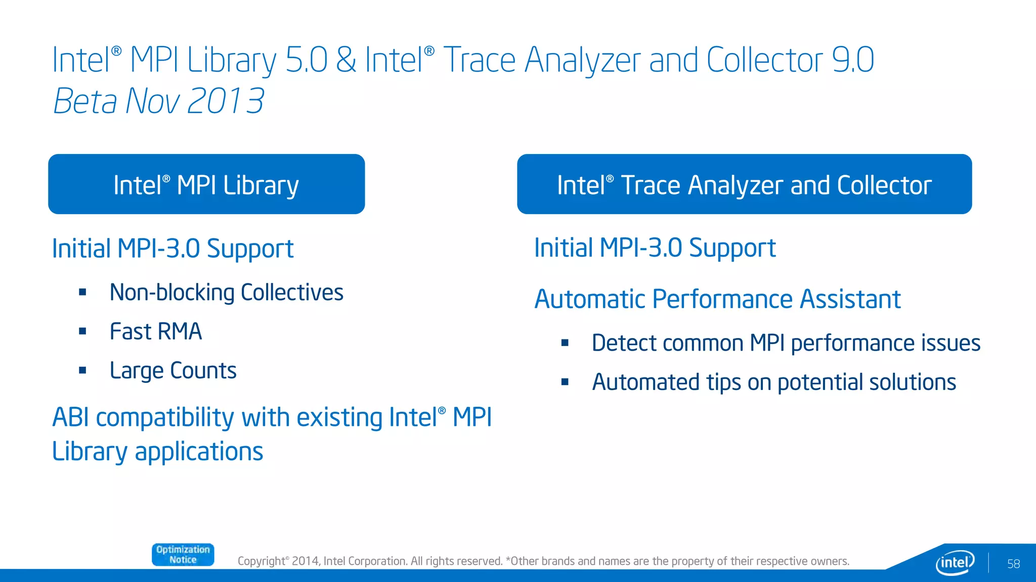 Copyright© 2014, Intel Corporation. All rights reserved. *Other brands and names are the property of their respective owners.
Intel® MPI Library 5.0 & Intel® Trace Analyzer and Collector 9.0
Beta Nov 2013
Initial MPI-3.0 Support
 Non-blocking Collectives
 Fast RMA
 Large Counts
ABI compatibility with existing Intel® MPI
Library applications
58
Initial MPI-3.0 Support
Automatic Performance Assistant
 Detect common MPI performance issues
 Automated tips on potential solutions
Intel® MPI Library Intel® Trace Analyzer and Collector
 