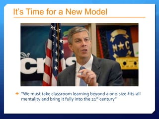 It’s Time for a New Model




 “We must take classroom learning beyond a one-size-fits-all
  mentality and bring it fully into the 21st century”
 