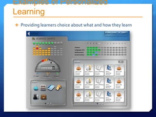 Examples of Personalized
Learning
 Providing learners choice about what and how they learn
 