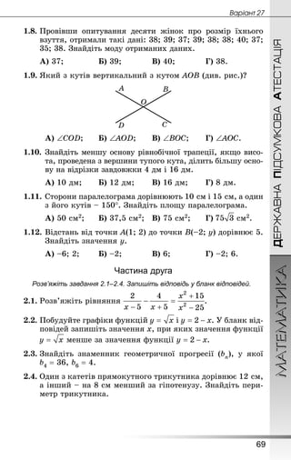 МАТЕМАТИКА
69
Âàðiàíò 27
ДЕРЖАВНАПІДСУМКОВААТЕСТАЦІЯ
1.8.	Провівши опитування десяти жінок про розмір їхнього
взуття, отримали такі дані: 38; 39; 37; 39; 38; 38; 40; 37;
35; 38. Знай­діть моду отриманих даних.
А) 37;				 Б) 39;			 В) 40;			 Г) 38.
1.9.	Який з кутів вертикальний з кутом АОВ (див. рис.)?
А) ∠СОD;		 Б) ∠АОD;		 В) ∠ВОС;		 Г) ∠АОС.
1.10.	Знай­діть меншу основу рівнобічної трапеції, якщо висо-
та, проведена з вершини тупого кута, ділить більшу осно-
ву на відрізки завдовжки 4 дм і 16 дм.
А) 10 дм;		 Б) 12 дм;		 В) 16 дм;		 Г) 8 дм.
1.11.	Сторони паралелограма дорівнюють 10 см і 15 см, а один
з його кутів – 150°. Знай­діть площу паралелограма.
А) 50 см2;		 Б) 37,5 см2;	 В) 75 см2;		 Г)  см2.
1.12.	Відстань від точки А(1; 2) до точки В(–2; у) дорівнює 5.
Знай­діть значення у.
А) –6; 2;		 Б) –2;			 В) 6;				 Г) –2; 6.
Частина друга
Розв’яжіть завдання 2.1–2.4. Запишіть відповідь у бланк відповідей.
2.1.	Розв’яжіть рівняння .
2.2.	Побудуйте графіки функцій і . У бланк від-
повідей запишіть значення х, при яких значення функції
	 менше за значення функції .
2.3.	Знай­діть знаменник геометричної прогресії (bn), у якої
b4 = 36, b6 = 4.
2.4.	Один з катетів прямокутного трикутника дорівнює 12 см,
а інший – на 8 см менший за гіпотенузу. Знай­діть пери-
метр трикутника.
 