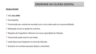Herpes Genital
HSV vírus DNA
Cosmopolita;
Transmissão por contato de secreção com o vírus sobre pele ou mucosa esfoliada;
Replicação inicial na epiderme e derme;
Resposta do hospedeiro influencia no curso e gravidade da infecção;
Transmissão pode ocorrer sem lesão;
Lesão (ões) mais freqüente no início da infeccão;
Acontece em contatos pessoais (beijos e utensílios)
SÍNDROME DA ÚLCERA GENITAL
 