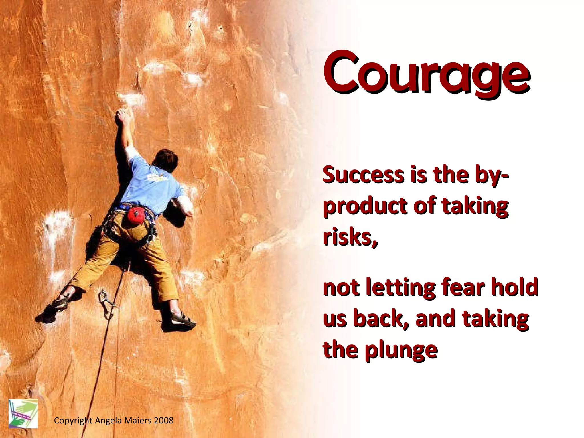 Copyright Angela Maiers 2008 Courage Success is the by-product of taking risks,  not letting fear hold us back, and taking the plunge  