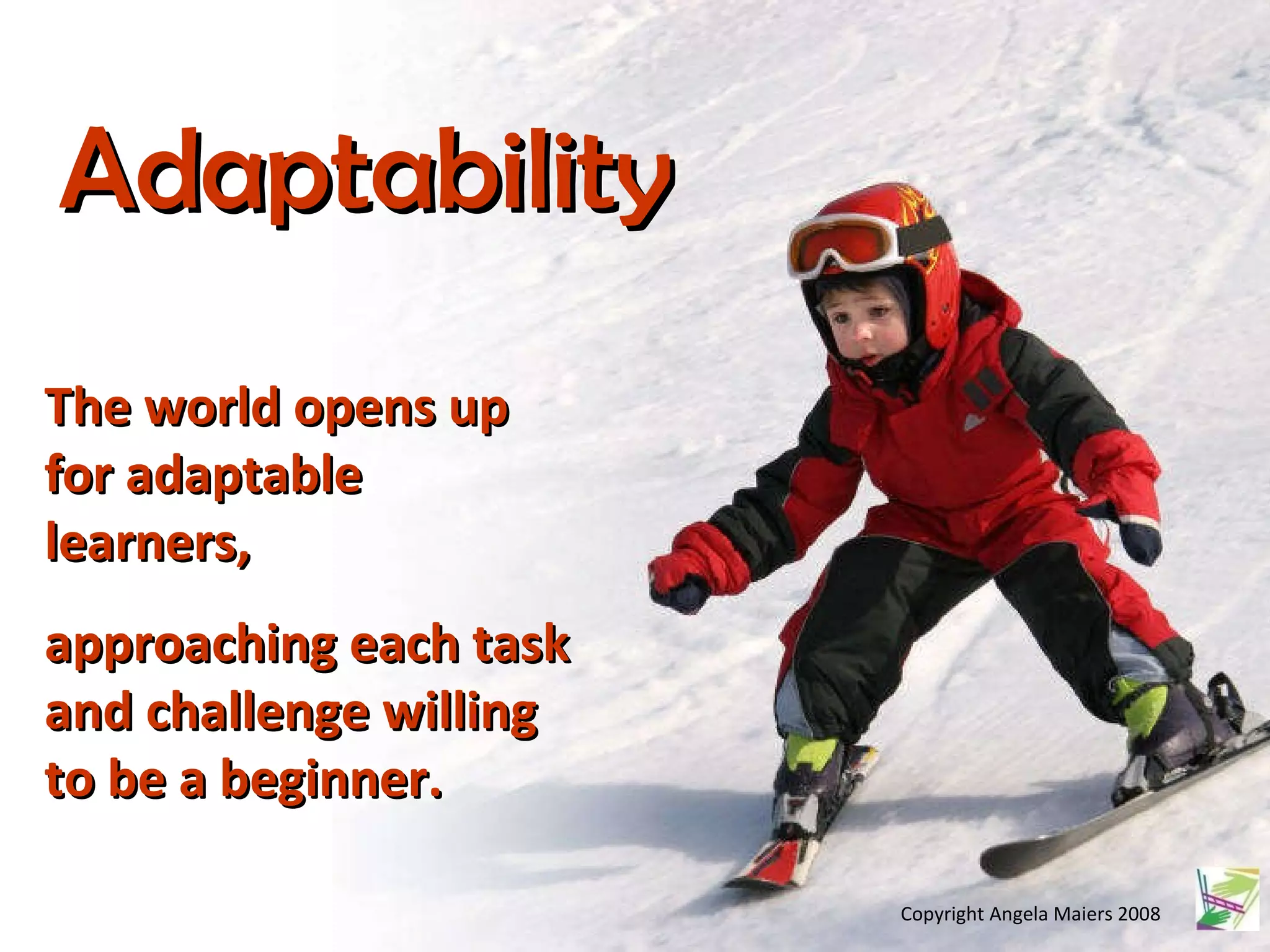 Copyright Angela Maiers 2008 The world opens up for adaptable learners,  approaching each task and challenge willing to be a beginner. Adaptability 