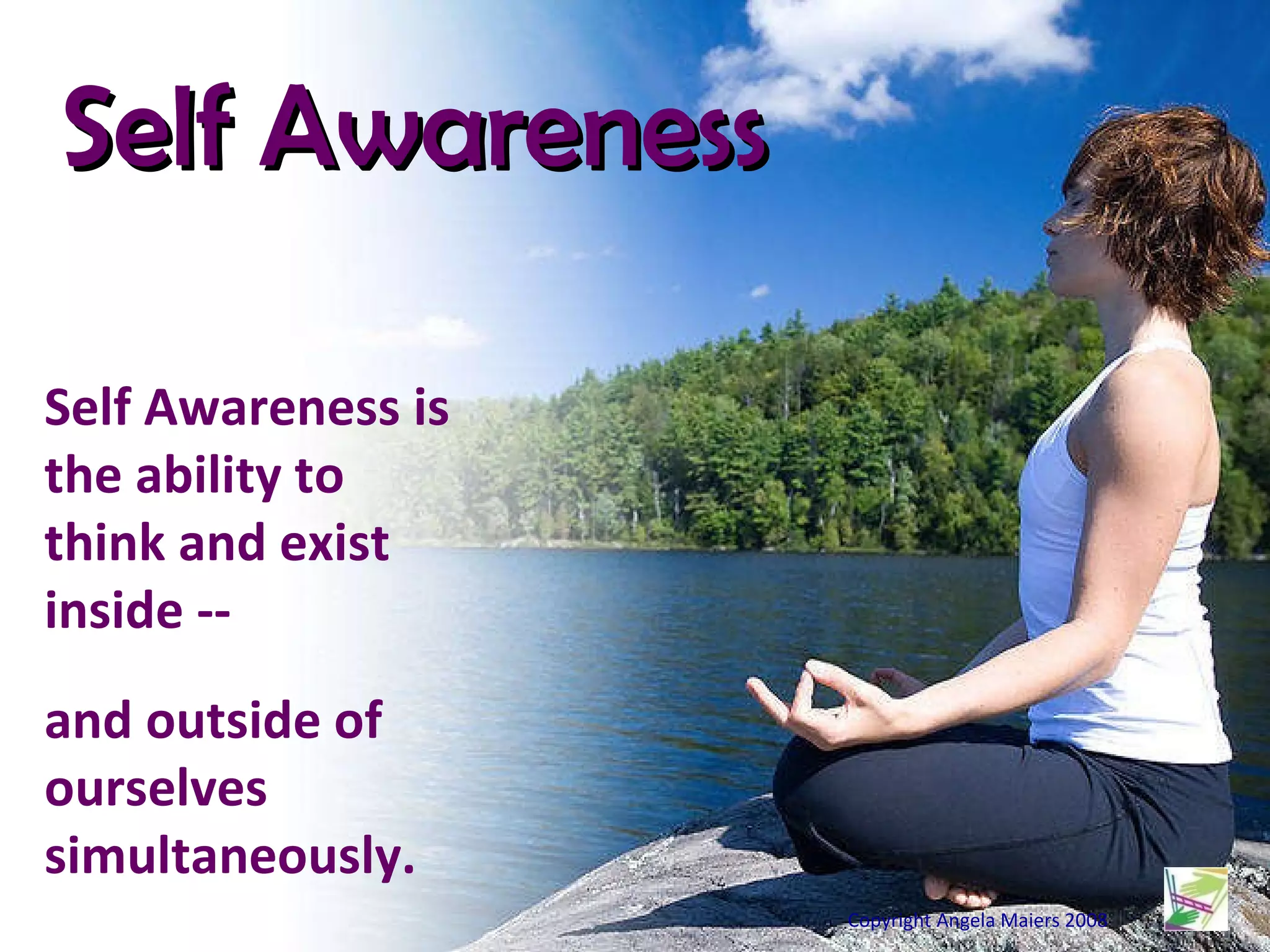 Copyright Angela Maiers 2008 Self Awareness Self Awareness is the ability to think and exist inside -- and outside of ourselves simultaneously. 
