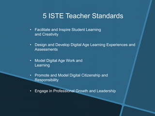 5 ISTE Teacher Standards
• Facilitate and Inspire Student Learning
and Creativity
• Design and Develop Digital Age Learning Experiences and
Assessments
• Model Digital Age Work and
Learning
• Promote and Model Digital Citizenship and
Responsibility
• Engage in Professional Growth and Leadership
 