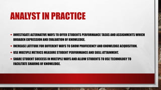 ANALYST IN PRACTICE
• INVESTIGATE ALTERNATIVE WAYS TO OFFER STUDENTS PERFORMANCE TASKS AND ASSIGNMENTS WHICH
BROADEN EXPRESSION AND EVALUATION OF KNOWLEDGE.
• INCREASE LATITUDE FOR DIFFERENT WAYS TO SHOW PROFICIENCY AND KNOWLEDGE ACQUISITION.
• USE MULTIPLE METRICS MEASURE STUDENT PERFORMANCE AND SKILL ATTAINMENT.
• SHARE STUDENT SUCCESS IN MULTIPLE WAYS AND ALLOW STUDENTS TO USE TECHNOLOGY TO
FACILITATE SHARING OF KNOWLEDGE.
 