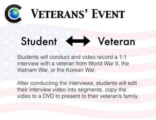Veterans’ Event
Student Veteran
Students will conduct and video record a 1:1
interview with a veteran from World War II, the
Vietnam War, or the Korean War.
After conducting the interviews, students will edit
their interview video into segments, copy the
video to a DVD to present to their veteran’s family.
 