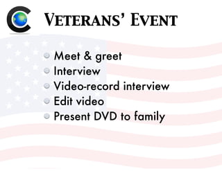 Veterans’ Event
Meet & greet
Interview
Video-record interview
Edit video
Present DVD to family
 