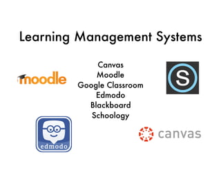 Learning Management Systems
Canvas
Moodle
Google Classroom
Edmodo
Blackboard
Schoology
 