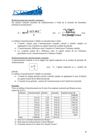 Remboursement par annuités constantes :
On calcule l’annuité constante de remboursement à l’aide de la formule du formulaire
(formule d’actualisation) :



       V0 =   a×
                1−1+)
                  (   t
                                 −n

                                                  soit    a=
                                                                 V ×t
                                                                • V0 : Capital
                                                                       0
                                                                    emprunté          avec
                                                               1−(1+t)
                                                                             −n
                    t                                           • t : taux périodique
                                                                • n : nombre
Le tableau d’amortissement s’établie en calculant dans l’ordre :
    • L’intérêt, comme pour l’amortissement constant, calculé à intérêts simples en
       appliquant le taux d’intérêts au capital restant dû en début de période.
    • L’amortissement, différence entre l’annuité et l’intérêt pour l’échéance étudiée.
    • Le « capitale restant dû », différence entre le capital restant dû de l’échéance
       précédente est de l’amortissement de l’échéance étudiée.

Remboursement par amortissements constants :
L’amortissement constant A est le rapport du capital emprunté sur le nombre de périodes de
remboursement

                       A= V0               avec   V0 : Capital emprunté et n : nombre de
                          n
période.
Le tableau d’amortissement s’établie en calculant :
    • L’intérêt de chaque période calculé à intérêts simples en appliquant le taux d’intérêts
       au capital restant dû en début de période.
    • L’annuité d’une période : somme de l’amortissement et de l’intérêt de la période.

Exercice
Voici un tableau d’amortissement sur 8 mois d’un emprunt contracté par Boujas au taux
annuel de 2,91%.
        Échéance Amortissement Intérêts         Annuités Capital restant dû
        1                       -           -           -               3 000,00
        2                   371,83       7,28       379,10              2 628,17
        3                   372,73       6,37       379,10              2 255,44
        4                   373,63       5,47       379,10              1 881,81
        5                   374,54       4,56       379,10              1 507,27
        6                   375,45       3,66       379,10              1 131,82
        7                   376,36       2,74       379,10                755,46
        8                   377,27       1,83       379,10                378,19
        9                   378,19       0,92       379,10                  0,00
        Total             3 000,00      32,83     3 032,83
   1) Quel est le montant emprunté par Boujas ?
   2) Quel type de remboursement a choisi Boujas?
   3) Comment retrouver la valeur de l’annuité versée ?


                                                                                           4
 