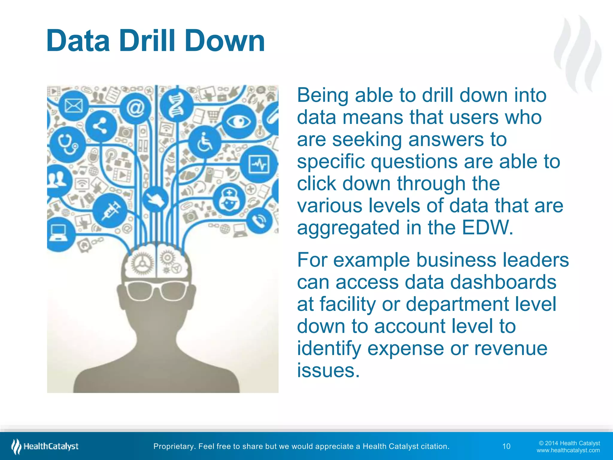 © 2014 Health Catalyst
www.healthcatalyst.com
Proprietary. Feel free to share but we would appreciate a Health Catalyst citation.
Data Drill Down
Being able to drill down into
data means that users who
are seeking answers to
specific questions are able to
click down through the
various levels of data that are
aggregated in the EDW.
For example business leaders
can access data dashboards
at facility or department level
down to account level to
identify expense or revenue
issues.
10
 