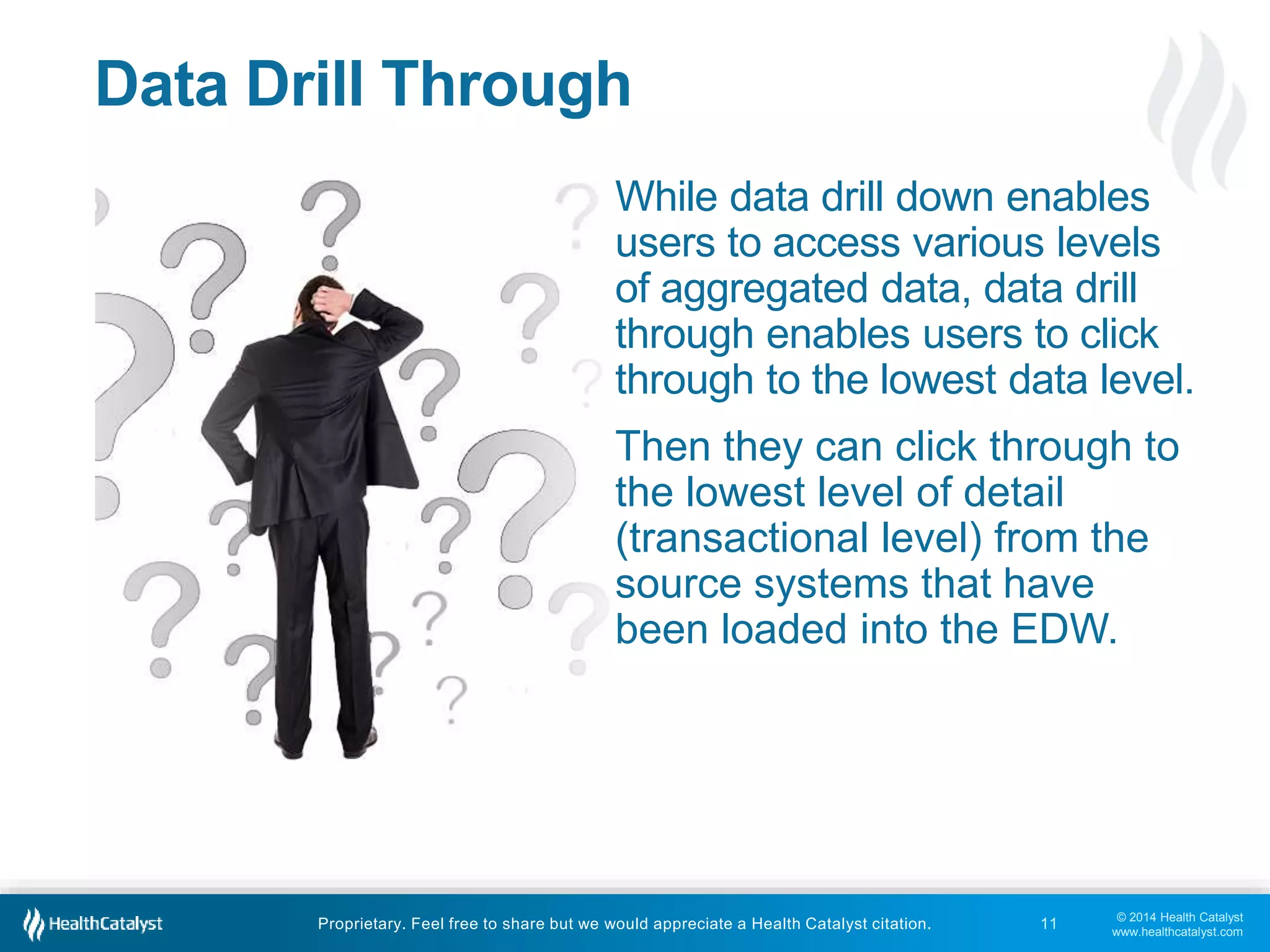 © 2014 Health Catalyst
www.healthcatalyst.com
Proprietary. Feel free to share but we would appreciate a Health Catalyst citation.
Data Drill Through
While data drill down enables
users to access various levels
of aggregated data, data drill
through enables users to click
through to the lowest data level.
Then they can click through to
the lowest level of detail
(transactional level) from the
source systems that have
been loaded into the EDW.
11
 