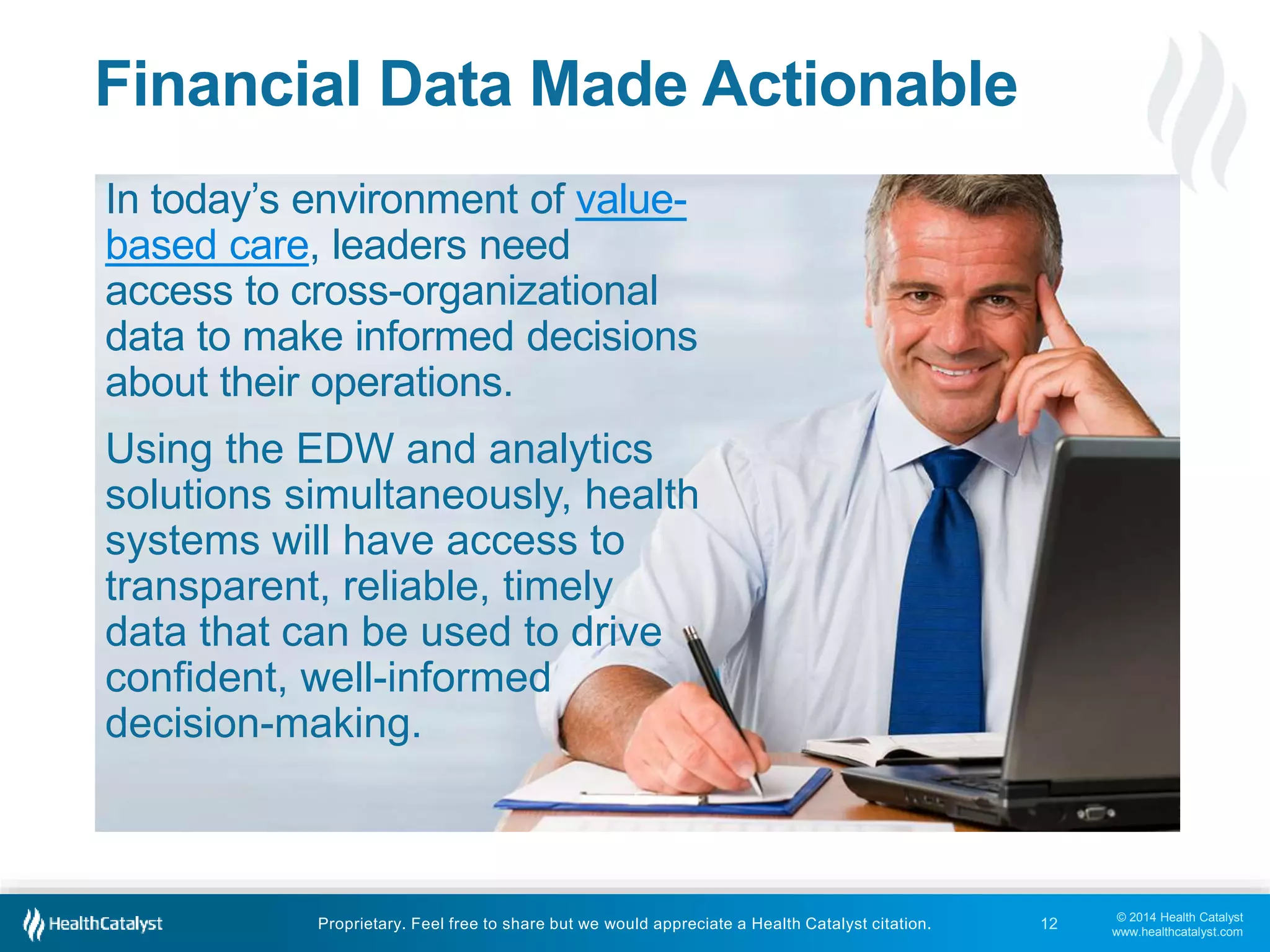 © 2014 Health Catalyst
www.healthcatalyst.com
Proprietary. Feel free to share but we would appreciate a Health Catalyst citation.
Financial Data Made Actionable
In today’s environment of value-
based care, leaders need
access to cross-organizational
data to make informed decisions
about their operations.
Using the EDW and analytics
solutions simultaneously, health
systems will have access to
transparent, reliable, timely
data that can be used to drive
confident, well-informed
decision-making.
12
 