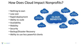 • Nothing to own
• Low cost
• Rapid deployment
• Ability to scale
• Availability
• Mobility
• Security
• Backup/Disaster Recovery
• Ability to use less powerful clients
How Does Cloud Impact Nonprofits?
23
 