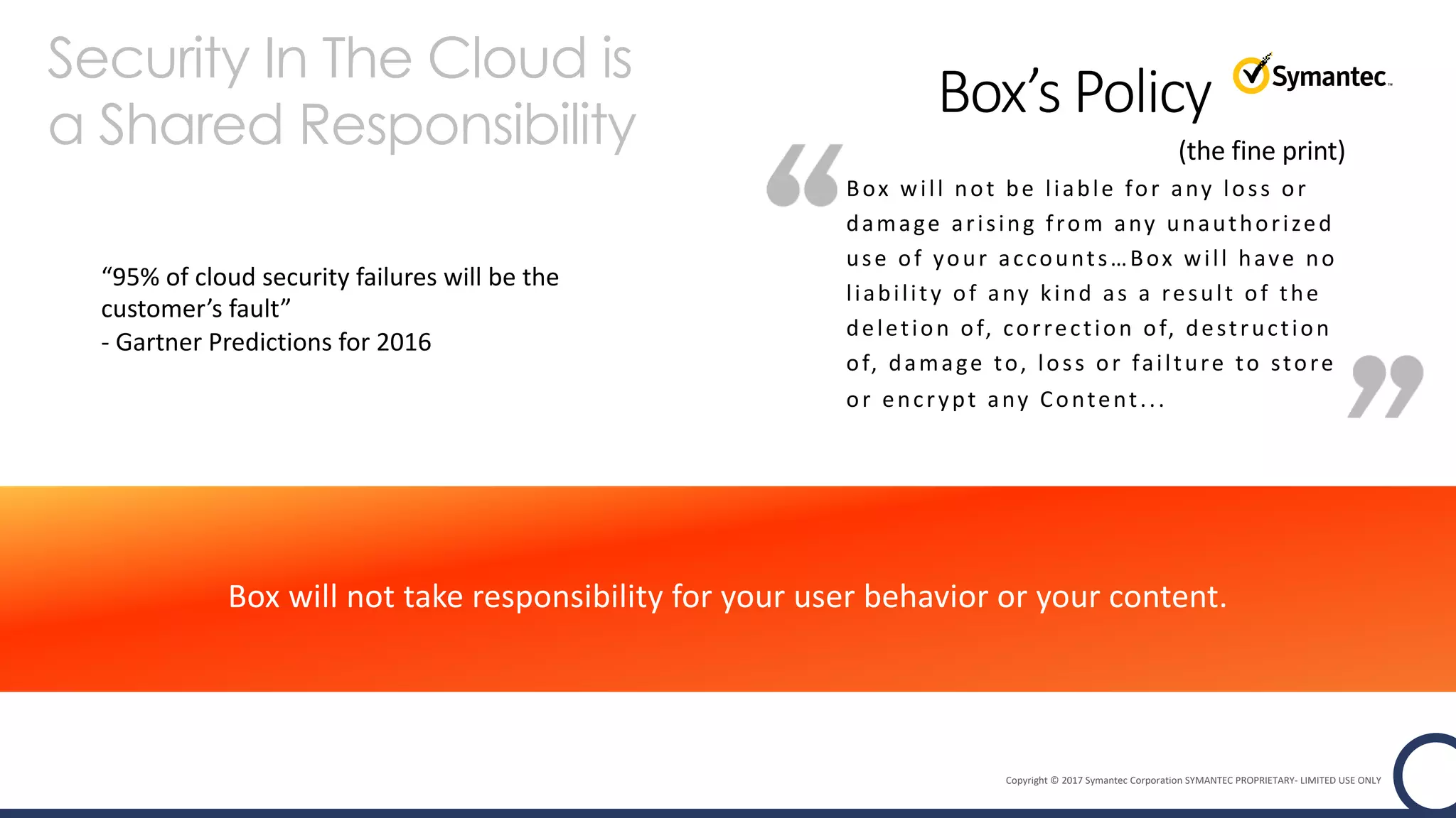 Copyright © 2017 Symantec Corporation SYMANTEC PROPRIETARY- LIMITED USE ONLY
Box will not be liable for any loss or
damage arising from any unauthorized
use of your accounts…Box will have no
liability of any kind as a result of the
deletion of, correction of, destruction
of, damage to, loss or failture to store
or encrypt any Content...
Box’s Policy
Box will not take responsibility for your user behavior or your content.
(the fine print)
Security In The Cloud is
a Shared Responsibility
“95% of cloud security failures will be the
customer’s fault”
- Gartner Predictions for 2016
 