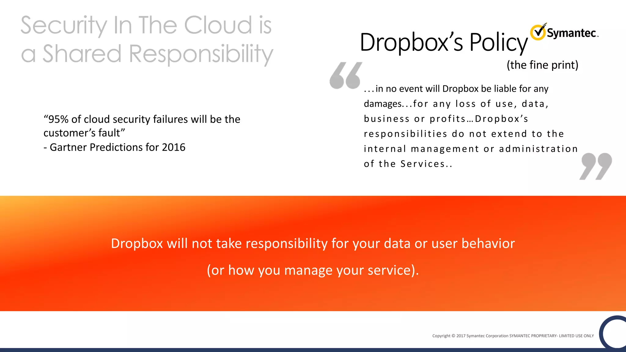 Copyright © 2017 Symantec Corporation SYMANTEC PROPRIETARY- LIMITED USE ONLY
...in no event will Dropbox be liable for any
damages...for any loss of use, data,
business or profits…Dropbox’s
responsibilities do not extend to the
internal management or administration
of the Services..
Dropbox’s Policy
Dropbox will not take responsibility for your data or user behavior
(or how you manage your service).
(the fine print)
Security In The Cloud is
a Shared Responsibility
“95% of cloud security failures will be the
customer’s fault”
- Gartner Predictions for 2016
 