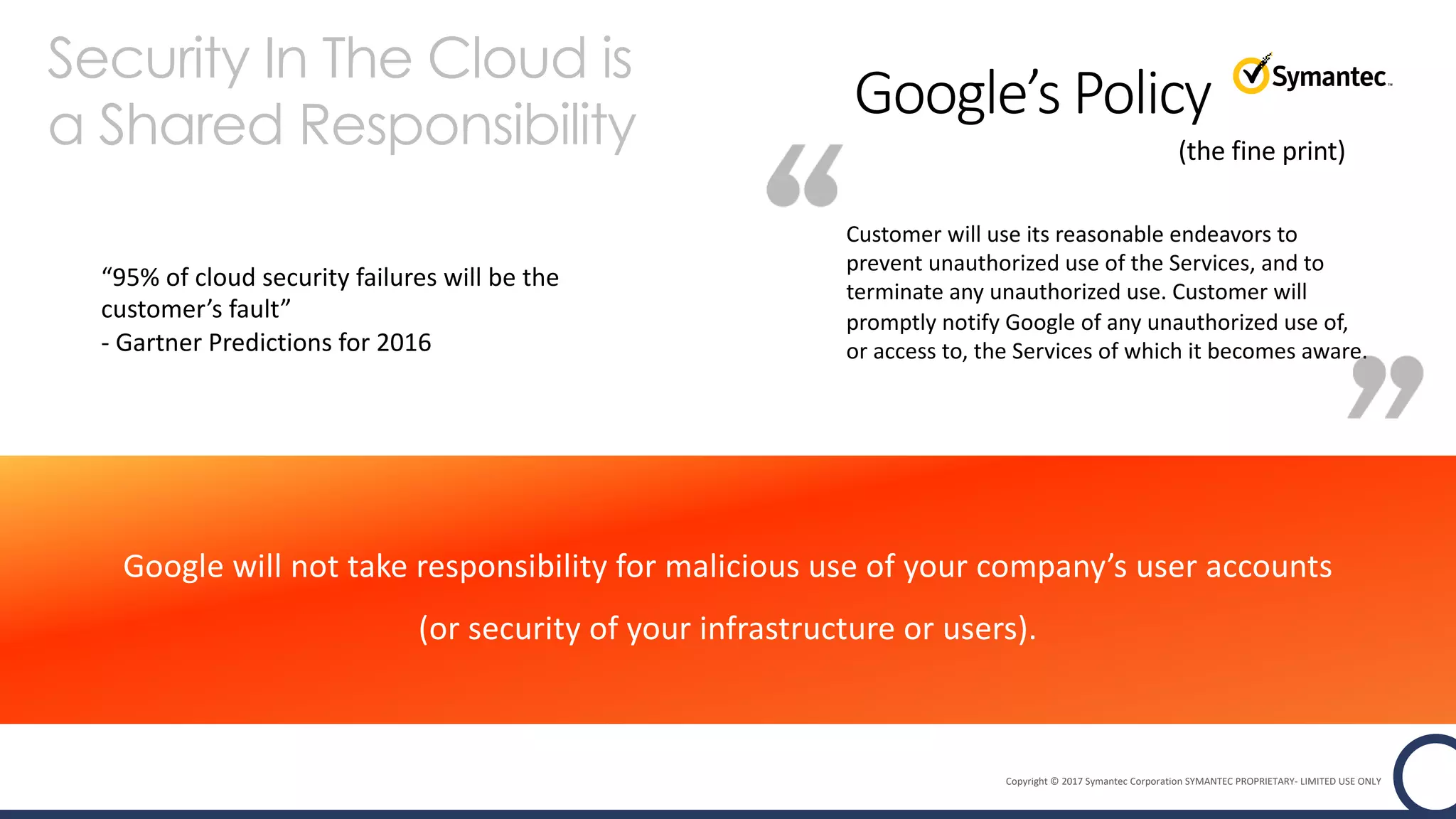 Copyright © 2017 Symantec Corporation SYMANTEC PROPRIETARY- LIMITED USE ONLY
Customer will use its reasonable endeavors to
prevent unauthorized use of the Services, and to
terminate any unauthorized use. Customer will
promptly notify Google of any unauthorized use of,
or access to, the Services of which it becomes aware.
Google’s Policy
Google will not take responsibility for malicious use of your company’s user accounts
(or security of your infrastructure or users).
(the fine print)
Security In The Cloud is
a Shared Responsibility
“95% of cloud security failures will be the
customer’s fault”
- Gartner Predictions for 2016
 