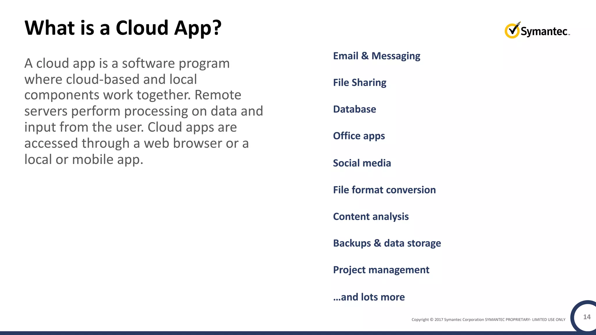 Copyright © 2017 Symantec Corporation SYMANTEC PROPRIETARY- LIMITED USE ONLY
What is a Cloud App?
A cloud app is a software program
where cloud-based and local
components work together. Remote
servers perform processing on data and
input from the user. Cloud apps are
accessed through a web browser or a
local or mobile app.
14
Email & Messaging
File Sharing
Database
Office apps
Social media
File format conversion
Content analysis
Backups & data storage
Project management
…and lots more
 