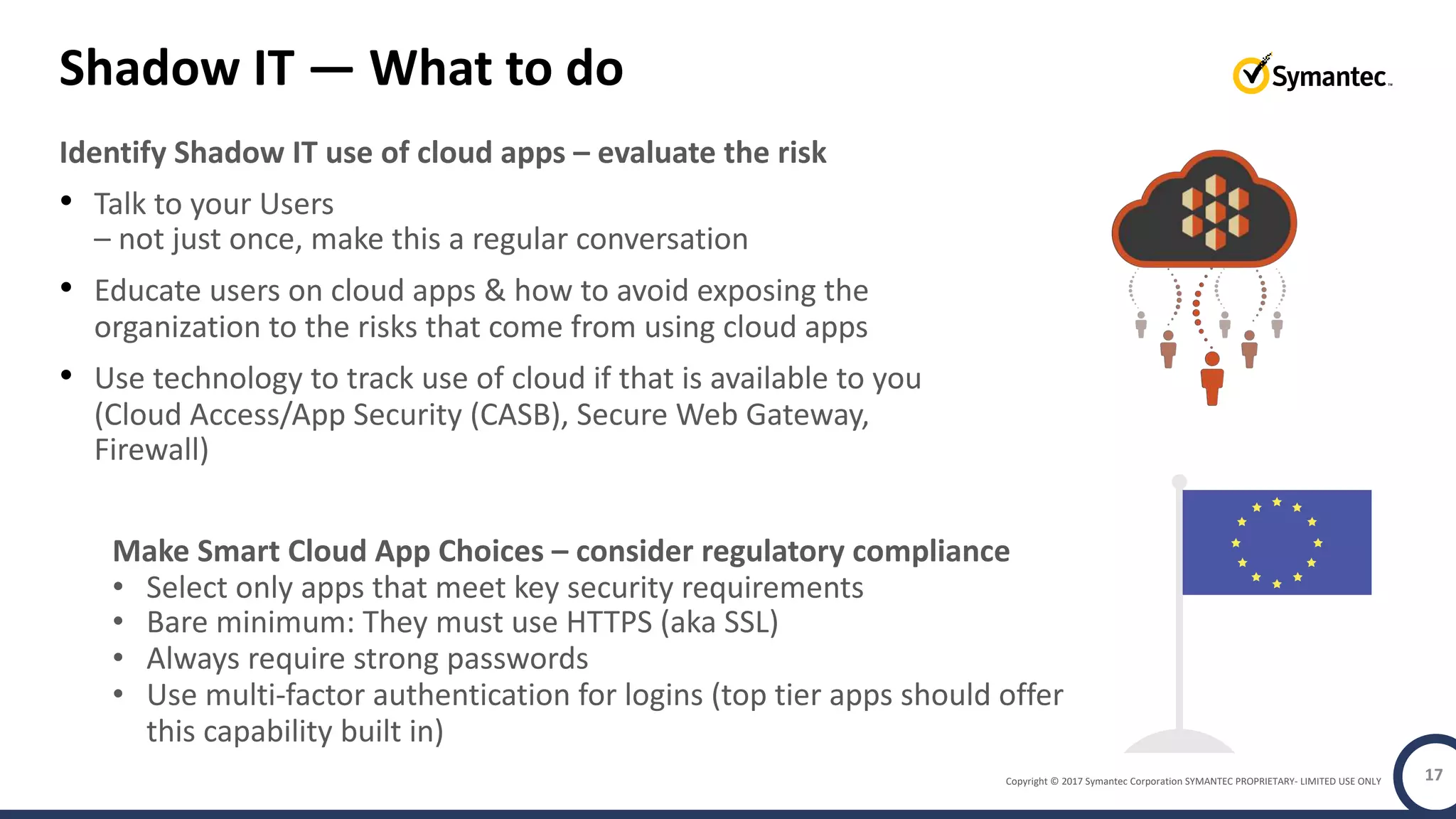 Copyright © 2017 Symantec Corporation SYMANTEC PROPRIETARY- LIMITED USE ONLY
Shadow IT — What to do
Identify Shadow IT use of cloud apps – evaluate the risk
• Talk to your Users
– not just once, make this a regular conversation
• Educate users on cloud apps & how to avoid exposing the
organization to the risks that come from using cloud apps
• Use technology to track use of cloud if that is available to you
(Cloud Access/App Security (CASB), Secure Web Gateway,
Firewall)
17
Make Smart Cloud App Choices – consider regulatory compliance
• Select only apps that meet key security requirements
• Bare minimum: They must use HTTPS (aka SSL)
• Always require strong passwords
• Use multi-factor authentication for logins (top tier apps should offer
this capability built in)
 