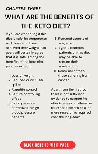CHAPTER THREE
WHAT ARE THE BENEFITS OF
THE KETO DIET?
Loss of weight
Reduced or no sugar
spikes
Appetite control
Seizure controlling
effect
Blood pressure
normalizes in high
blood pressure
patients
If you are wondering if this
diet is safe, its proponents
and those who have
achieved their weight loss
goals will certainly agree
that it is safe. Among the
benefits of the keto diet
you can expect:
1.
2.
3.
4.
5.
6. Reduced attacks of
migraine
7. Type 2 diabetes
patients on this diet
may be able to
reduce their
medications
8. Some benefits to
those suffering from
cancer
Apart from the first four,
there is not sufficient
evidence to support its
effectiveness or otherwise
for other diseases as a lot
more research is required
over the long-term.
CLICK HERE TO VISIT PAGE
 