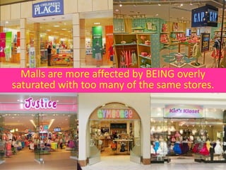 Malls are more affected by BEING overly
saturated with too many of the same stores.
 