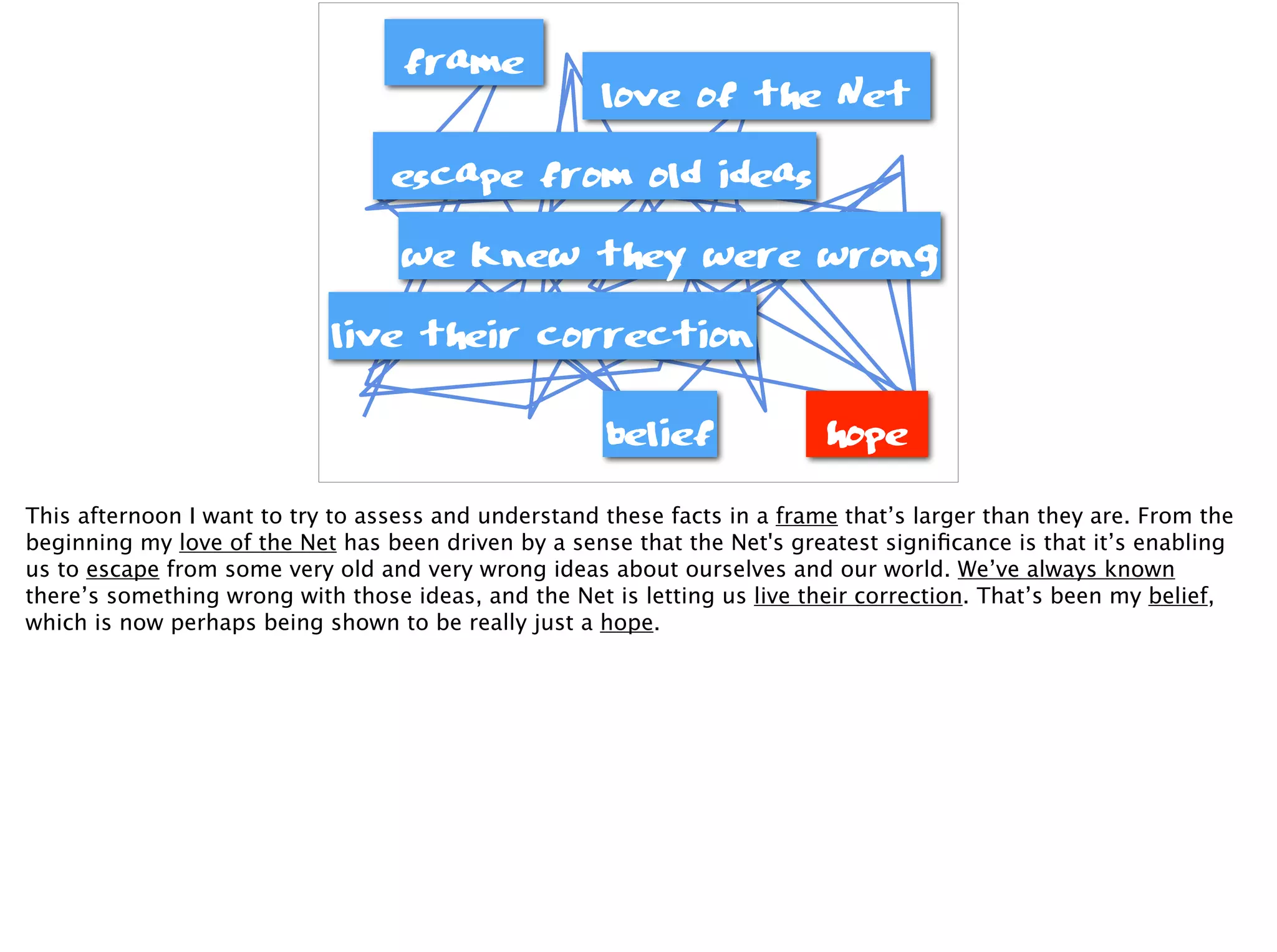 frame
love of the Net
escape from old ideas
we knew they were wrong
live their correction
belief hope
This afternoon I want to try to assess and understand these facts in a frame that’s larger than they are. From the
beginning my love of the Net has been driven by a sense that the Net's greatest signiﬁcance is that it’s enabling
us to escape from some very old and very wrong ideas about ourselves and our world. We’ve always known
there’s something wrong with those ideas, and the Net is letting us live their correction. That’s been my belief,
which is now perhaps being shown to be really just a hope.
 
