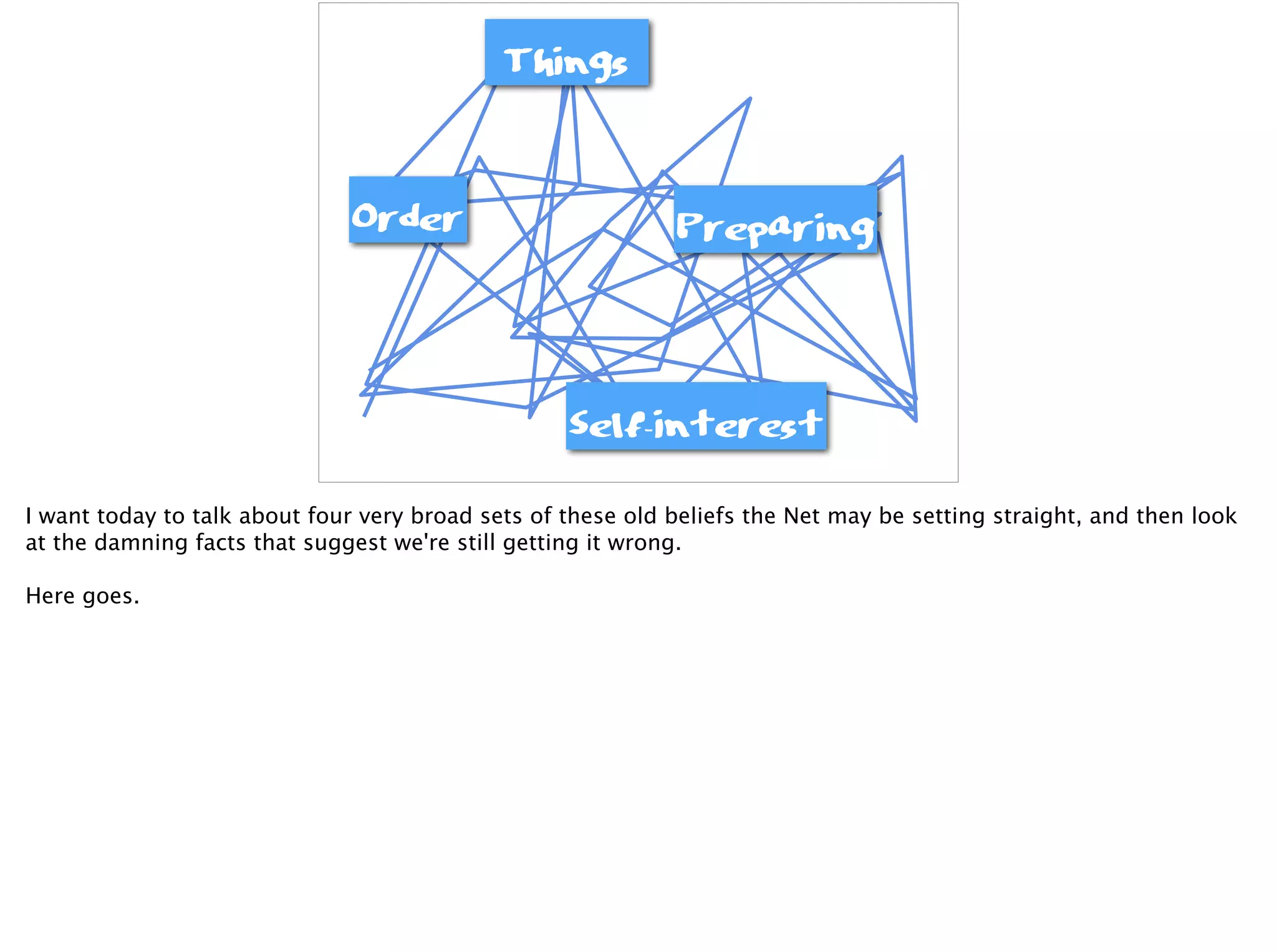 Things
Order Preparing
Self-interest
I want today to talk about four very broad sets of these old beliefs the Net may be setting straight, and then look
at the damning facts that suggest we're still getting it wrong.
Here goes.
 