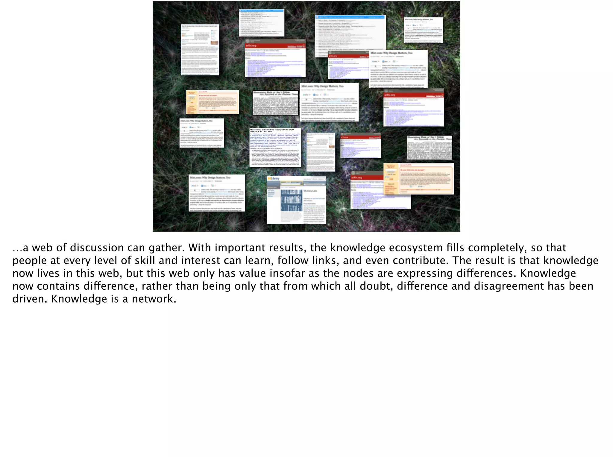 …a web of discussion can gather. With important results, the knowledge ecosystem ﬁlls completely, so that
people at every level of skill and interest can learn, follow links, and even contribute. The result is that knowledge
now lives in this web, but this web only has value insofar as the nodes are expressing differences. Knowledge
now contains difference, rather than being only that from which all doubt, difference and disagreement has been
driven. Knowledge is a network.
 