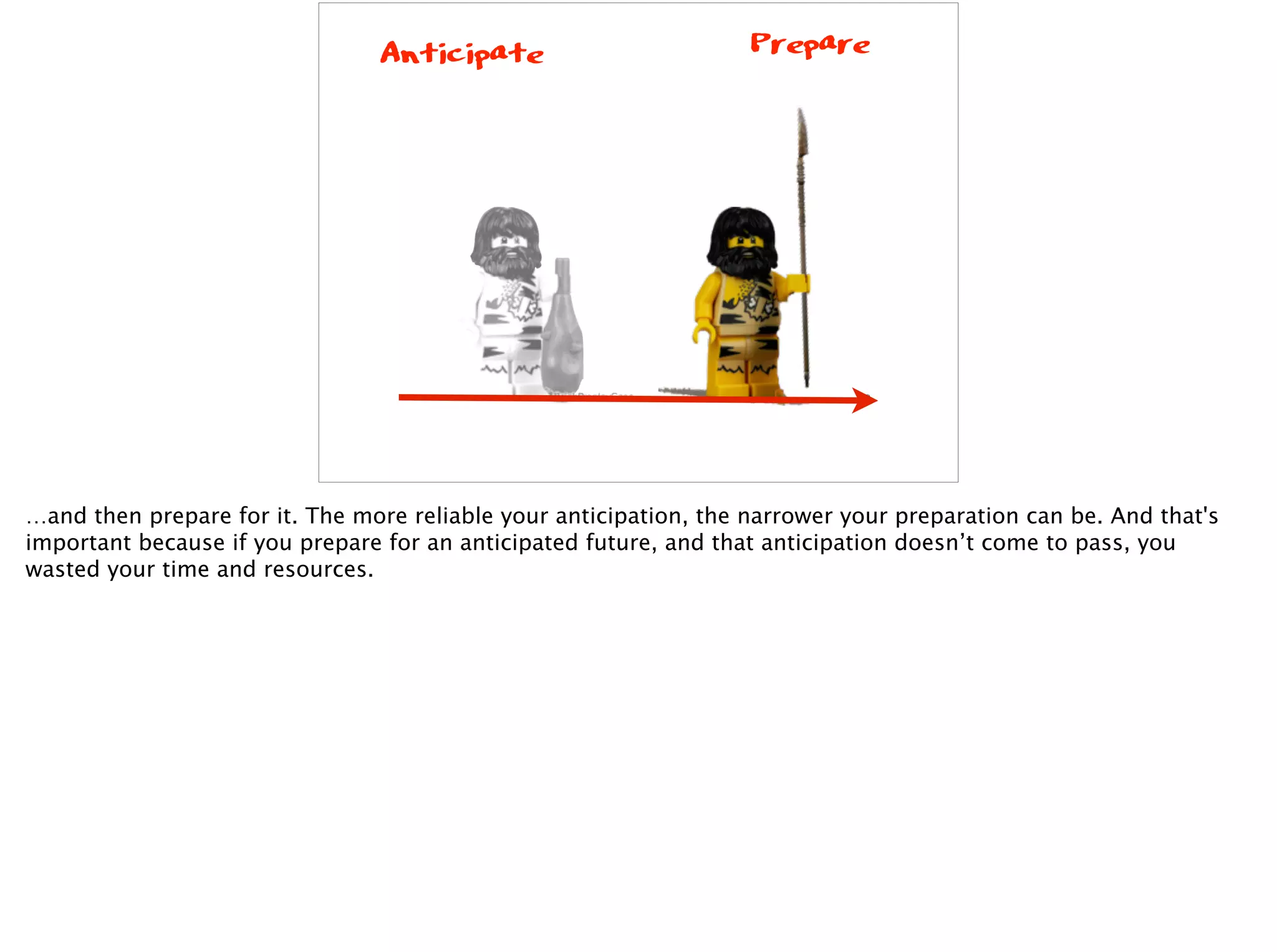 Anticipate Prepare
…and then prepare for it. The more reliable your anticipation, the narrower your preparation can be. And that's
important because if you prepare for an anticipated future, and that anticipation doesn’t come to pass, you
wasted your time and resources.
 