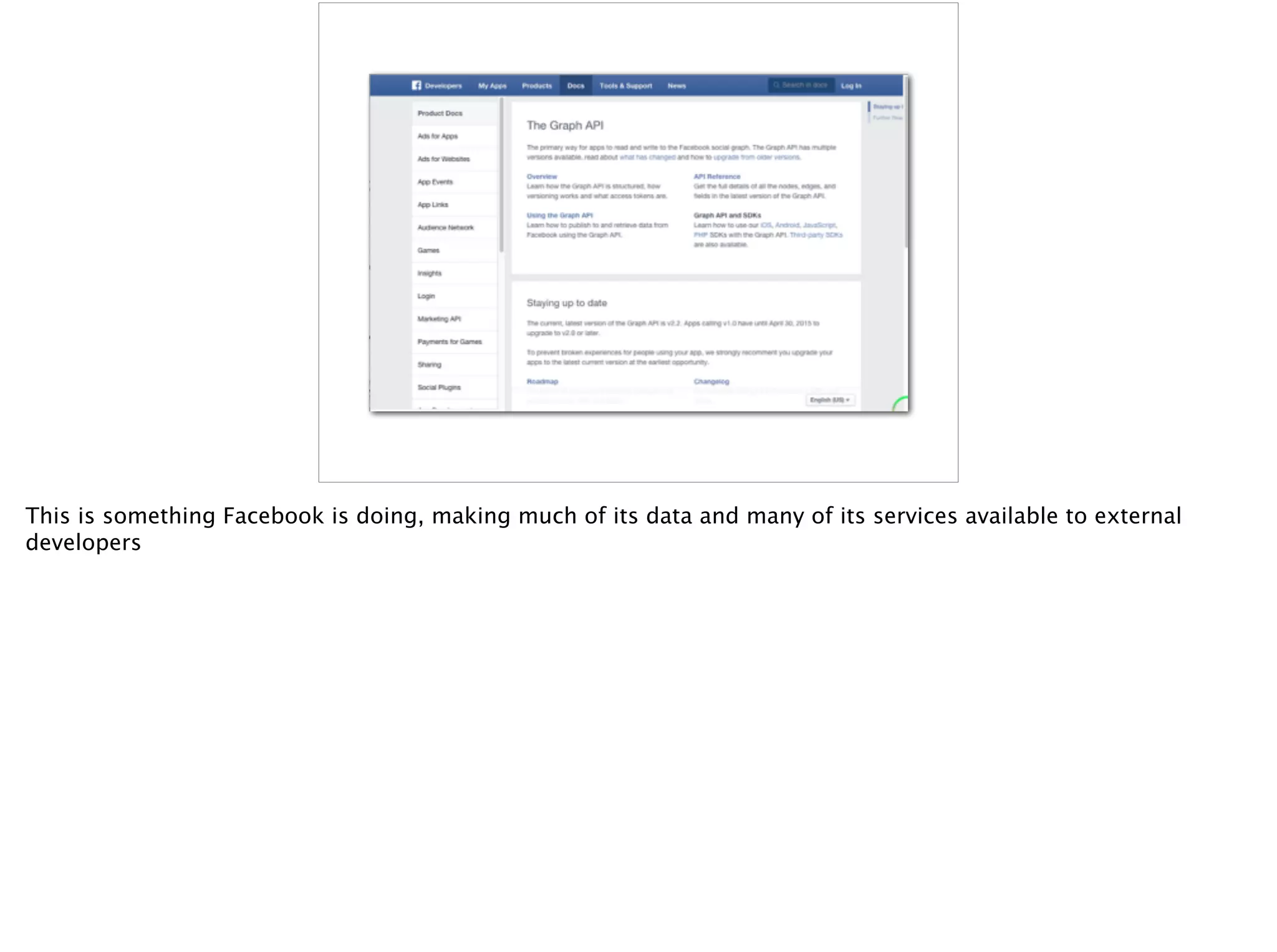 This is something Facebook is doing, making much of its data and many of its services available to external
developers
 