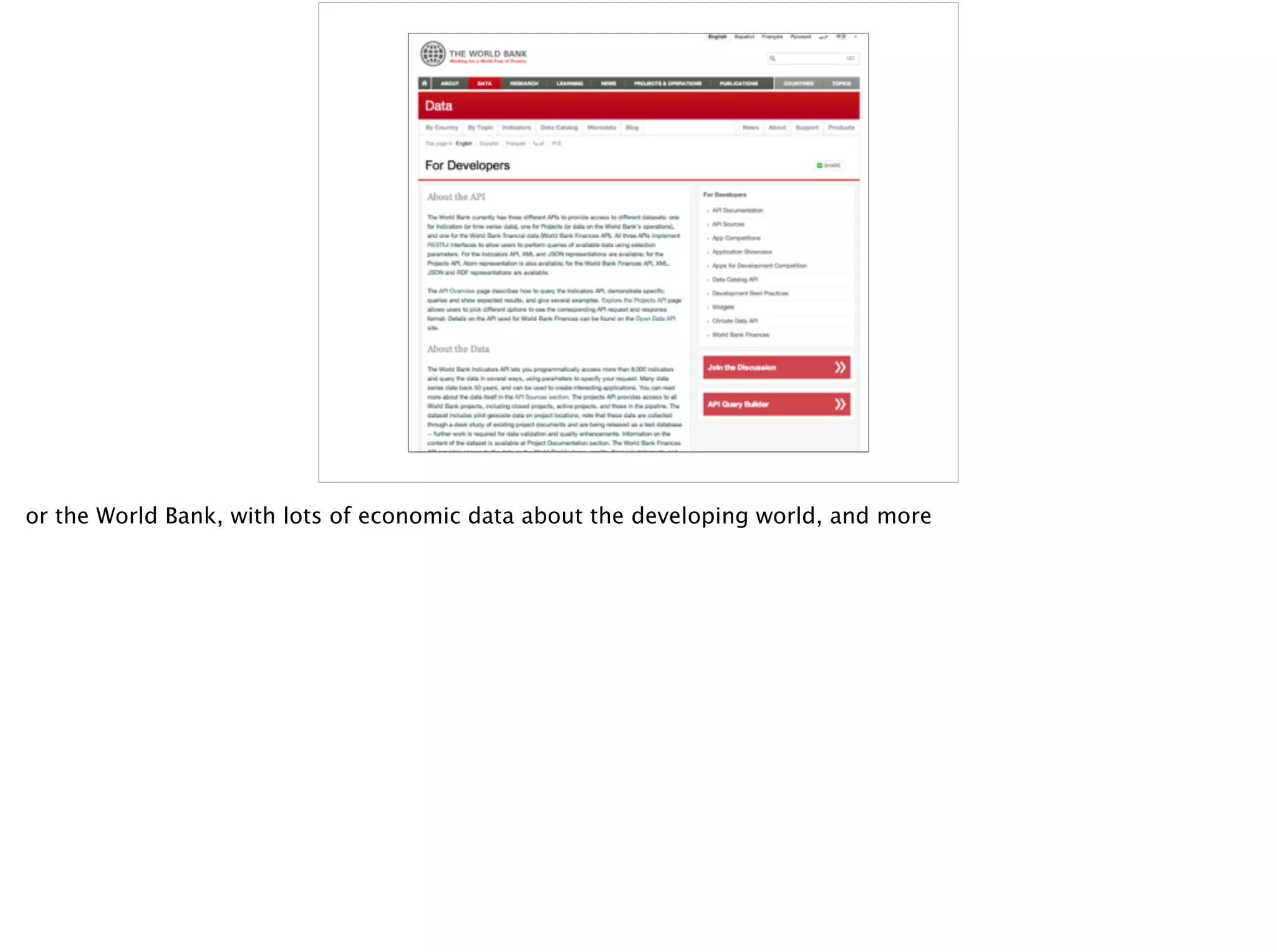 or the World Bank, with lots of economic data about the developing world, and more
 