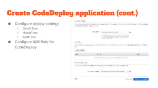Create CodeDeploy application (cont.)
● Configure deploy settings
○ OneAtTime
○ HalfAtTime
○ AllAtTime
● Configure IAM Role for
CodeDeploy
 