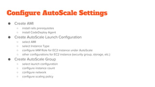 Configure AutoScale Settings
● Create AMI
○ install rails prerequisites
○ install CodeDeploy Agent
● Create AutoScale Launch Configuration
○ select AMI
○ select Instance Type
○ configure IAM Role for EC2 instance under AutoScale
○ other configurations for EC2 instance (security group, storage, etc.)
● Create AutoScale Group
○ select launch configuration
○ configure instance count
○ configure network
○ configure scaling policy
 
