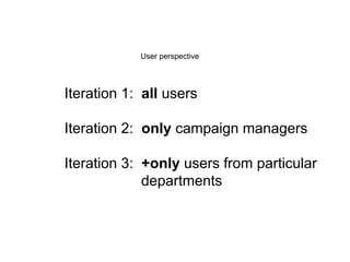 Iteration 1: all users
Iteration 2: only campaign managers
Iteration 3: +only users from particular
departments
User perspective
 