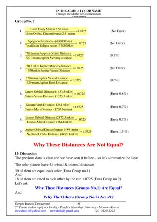 IN THE ALMIGHTY GOD NAME
Through the Mother of God mediation
I do this research
Gerges Francis Tawadrous/
2nd
Course student – physics Faculty – People's Friendship University – Moscow –Russia..
mrwaheid1@yahoo.com mrwaheid@gmail.com +201022532292
10
Group No. 2
1. 0725.1
mkm2.41nceCircumfereOrbitalMoon
mkm2.58MotionDailyEarth
= (No Error)
2. 1.0725
km)(378500radiusEclipseSolarTotal
km)(406000radiusorbitalApogee
= (No Error)
3. 0725.1
distanceMercuryJupitermkm720.3
DistanceOrbitalJuppitermkm6.778
= (0.7%)
4. 1.0725
DistanceVenusJupitermkm670
distanceMercuryJupitermkm720.3
= (No Error)
5. 1.0725
DistanceEarthJupitermkm629
DistanceVenusJupitermkm670
= (0.6%)
6. 1.0725
mkm)(1325.3DistanceVenusSarurn
mkm)(1433.5DistanceOrbitalSaturn
= (Error 0.8%)
7. 1.0725
mkm)(1205.6DistanceMarsSarurn
mkm)(1284DistanceEarthSaturn
= (Error 0.7%)
8. 1.0725
mkm)(2644DistanceMarsUranus
mkm)(2872.5DistanceOrbitalUranus
= (Error 0.7%)
9. 1.0725
mkm)(4495.1DistanceOrbitalNeptune
mkm)(4894nceCircumfereOrbitalJupiter
= (Error 1.5 %)
Why These Distances Are Not Equal?
II- Discussion
The previous data is clear and we have seen it before – so let's summarize the idea:
The solar planets have 45 orbital & internal distances
30 of them are equal each other (Data Group no.1)
And
18 of them are rated to each other by the rate 1.0725 (Data Group no.2)
Let's ask
Why These Distances (Groups No.1) Are Equal?
And
Why The Others (Group No.2) Aren't?
 