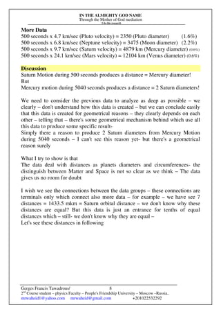 IN THE ALMIGHTY GOD NAME
Through the Mother of God mediation
I do this research
Gerges Francis Tawadrous/
2nd
Course student – physics Faculty – People's Friendship University – Moscow –Russia..
mrwaheid1@yahoo.com mrwaheid@gmail.com +201022532292
8
More Data
500 seconds x 4.7 km/sec (Pluto velocity) = 2350 (Pluto diameter) (1.6%)
500 seconds x 6.8 km/sec (Neptune velocity) = 3475 (Moon diameter) (2.2%)
500 seconds x 9.7 km/sec (Saturn velocity) = 4879 km (Mercury diameter) (0.6%)
500 seconds x 24.1 km/sec (Mars velocity) = 12104 km (Venus diameter) (0.6%)
Discussion
Saturn Motion during 500 seconds produces a distance = Mercury diameter!
But
Mercury motion during 5040 seconds produces a distance = 2 Saturn diameters!
We need to consider the previous data to analyze as deep as possible – we
clearly – don't understand how this data is created – but we can conclude easily
that this data is created for geometrical reasons – they clearly depends on each
other – telling that – there's some geometrical mechanism behind which use all
this data to produce some specific result-
Simply there a reason to produce 2 Saturn diameters from Mercury Motion
during 5040 seconds – I can't see this reason yet- but there's a geometrical
reason surely
What I try to show is that
The data deal with distances as planets diameters and circumferences- the
distinguish between Matter and Space is not so clear as we think – The data
gives us no room for doubt
I wish we see the connections between the data groups – these connections are
terminals only which connect also more data – for example – we have see 7
distances = 1433.5 mkm = Saturn orbital distance – we don't know why these
distances are equal? But this data is just an entrance for tenths of equal
distances which – still- we don't know why they are equal –
Let's see these distances in following
 