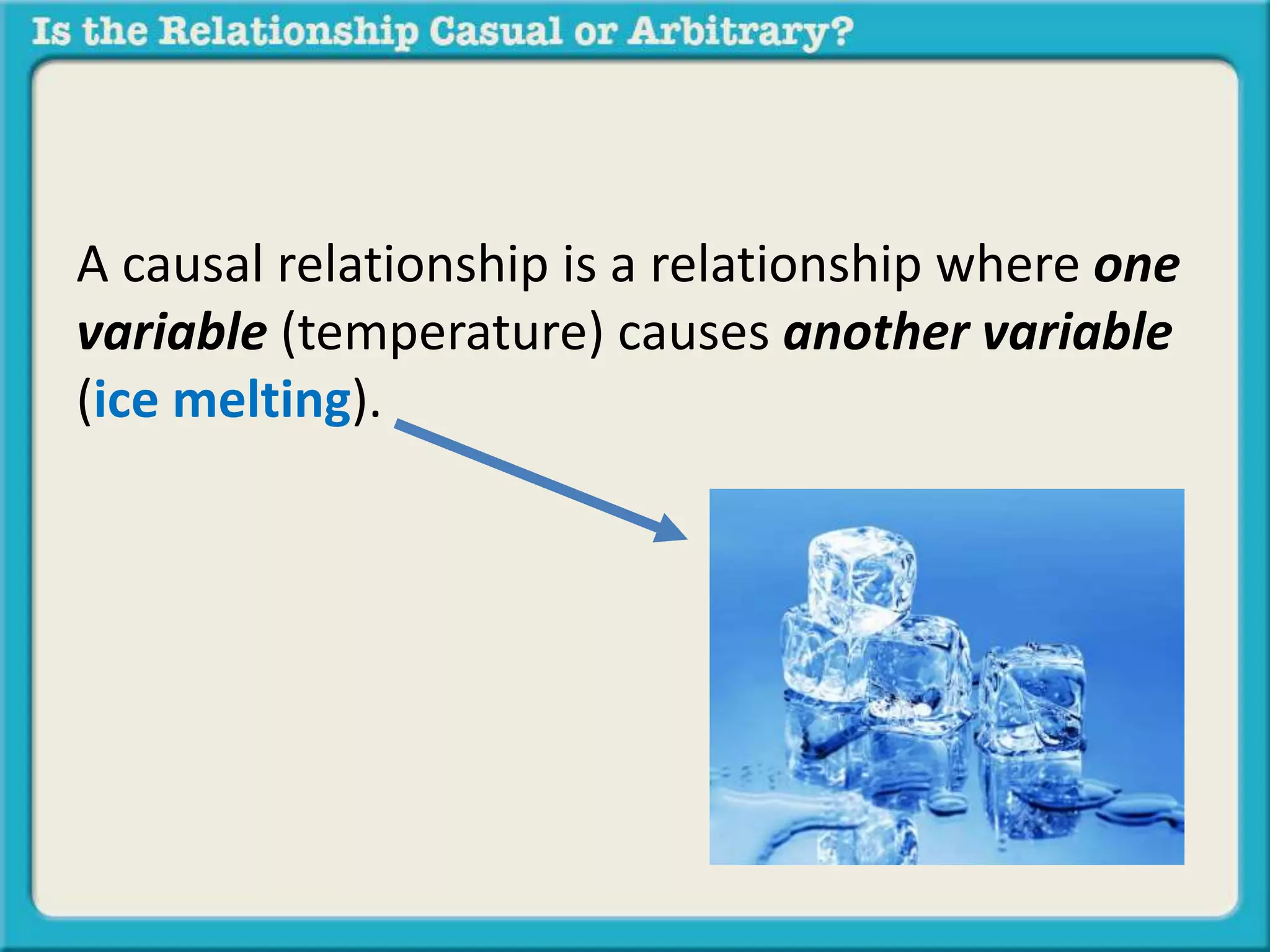 A causal relationship is a relationship where one 
variable (temperature) causes another variable 
(ice melting). 
 