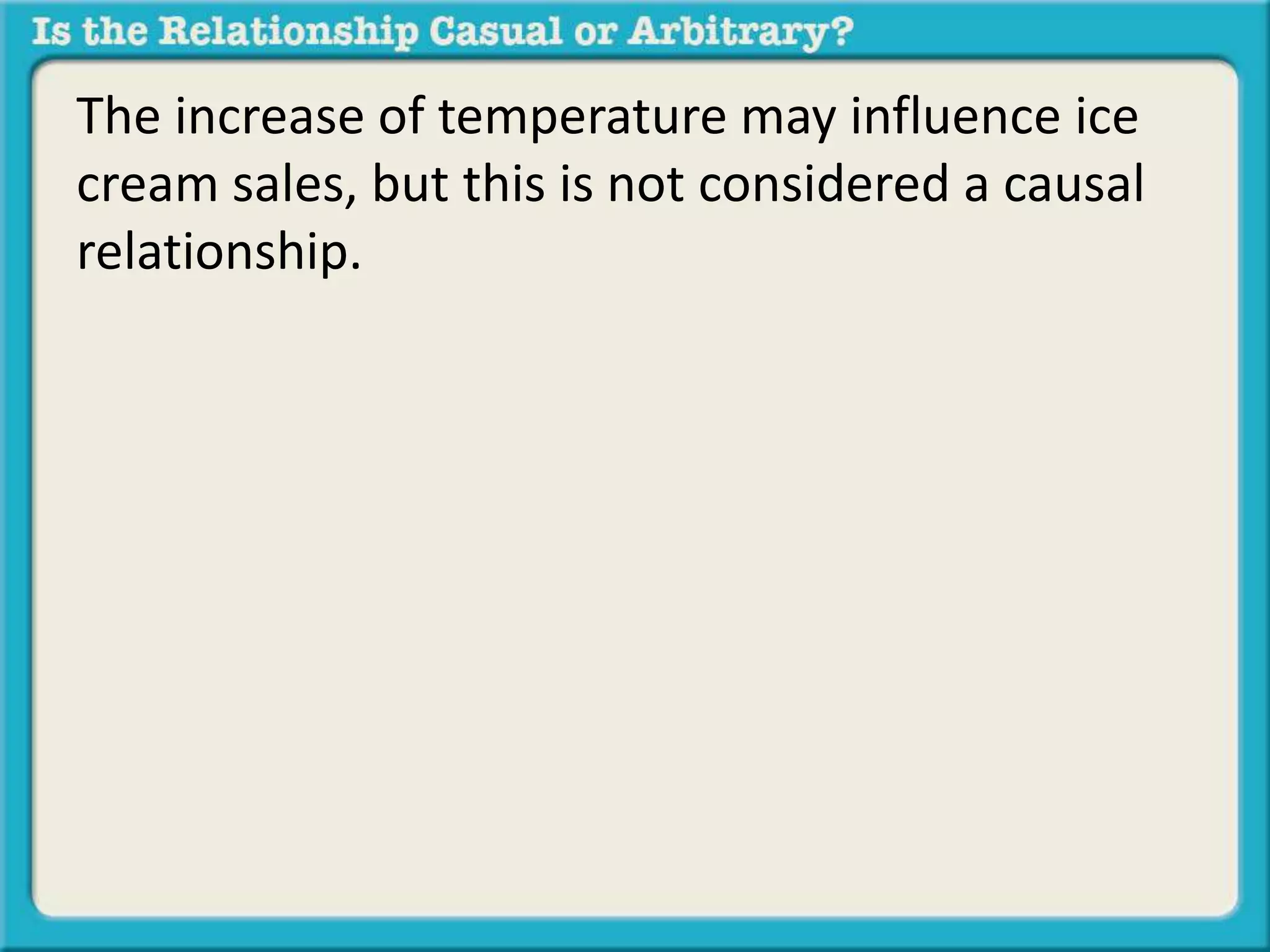 The increase of temperature may influence ice 
cream sales, but this is not considered a causal 
relationship. 
 