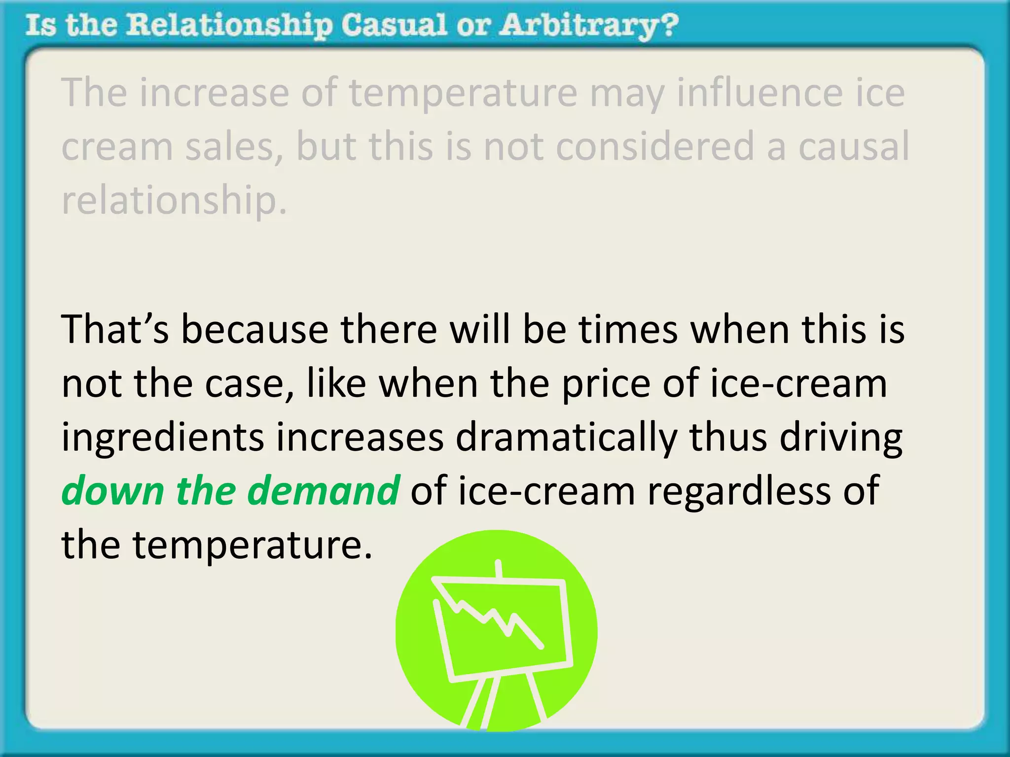 The increase of temperature may influence ice 
cream sales, but this is not considered a causal 
relationship. 
That’s because there will be times when this is 
not the case, like when the price of ice-cream 
ingredients increases dramatically thus driving 
down the demand of ice-cream regardless of 
the temperature. 
 