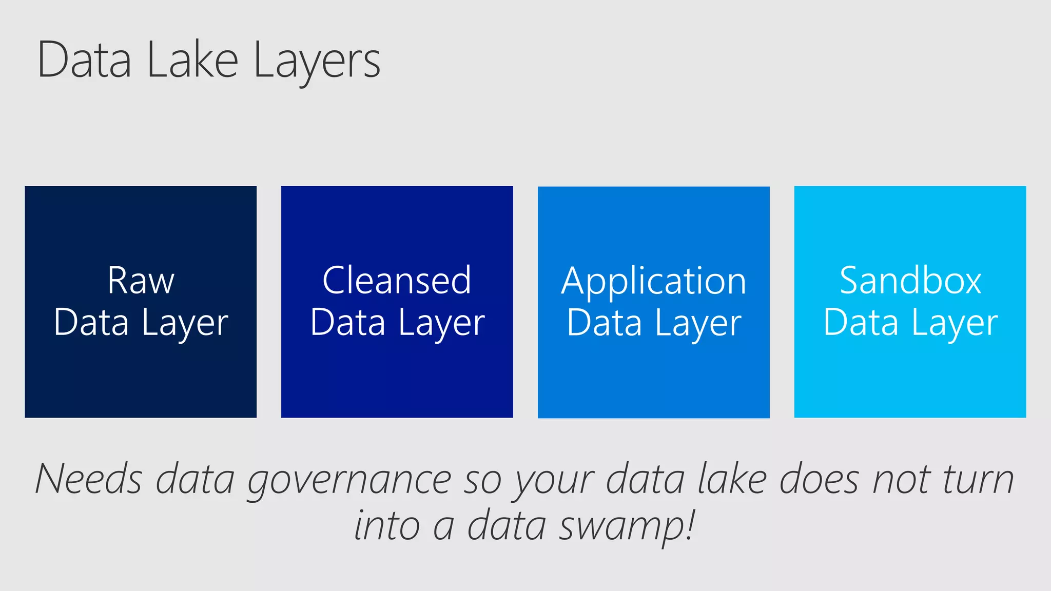 Needs data governance so your data lake does not turn
into a data swamp!
 