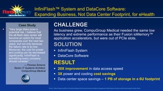 InfiniFlash™ System and DataCore Software:
Expanding Business, Not Data Center Footprint, for eHealth
Source: https://www.sandisk.com/business/datacenter/resources/case-studies/compugroup-medical-grows-business-without-growing-the-data-center
CHALLENGE
As business grew, CompuGroup Medical needed the same low
latency and extreme performance as their Fusion ioMemory™
application accelerators, but were out of PCIe slots.
SOLUTION
 InfiniFlash System
 DataCore Software
RESULT
 20X improvement in data access speed
 3X power and cooling cost savings
 Data center space savings – 1 PB of storage in a 6U footprint
Case Study
 “Very large disks pose a
potential risk. I believe that
the all-flash data center will
become an option for most
companies over the next two
years, but not only because
the failure rate is so low.
Moreover, the cost for power
and cooling can be decreased
significantly. InfiniFlash is
something every company
should consider.”
—Thomas Schend,
Senior IT Systems Architect,
CompuGroup Medical
 