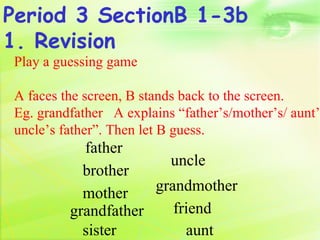 Period 3 SectionB 1-3b
1. Revision
Play a guessing game

A faces the screen, B stands back to the screen.
Eg. grandfather A explains “father’s/mother’s/ aunt’
uncle’s father”. Then let B guess.
           father
                       uncle
           brother
           mother    grandmother
         grandfather    friend
           sister         aunt
 
