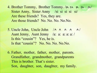 4. Brother Tommy, Brother Tommy. /r r r r         r /
   Sister Anny, Sister Anny /si si si si si/
   Are these friends? Yes, they are.
   Are those friends? No. No. No. No.No.

5. Uncle John, Uncle John /                   /
   Aunt Jenny, Aunt Jenny /a: a: a: a: a: /
   Is this “cousin”? Yes, he is.
   Is that “cousin”? No. No. No. No.No.

6. Father, mother, father, mother, parents.
   Grandfather, grandmother, grandparents
   This is brother. That’s sister.
   Son, daughter, son, daughter, my family.
 