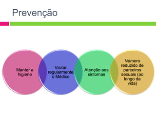 Prevenção

Manter a
higiene

Visitar
regularmente
o Médico

Atenção aos
sintomas

Número
reduzido de
parceiros
sexuais (ao
longo da
vida)

 