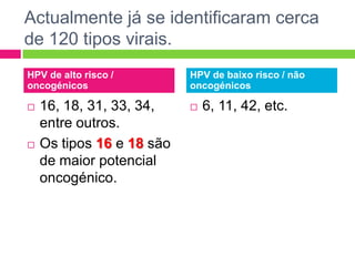 Actualmente já se identificaram cerca
de 120 tipos virais.
HPV de alto risco /
oncogénicos




16, 18, 31, 33, 34,
entre outros.
Os tipos 16 e 18 são
de maior potencial
oncogénico.

HPV de baixo risco / não
oncogénicos


6, 11, 42, etc.

 