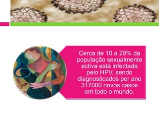 Cerca de 10 a 20% da
população sexualmente
activa está infectada
pelo HPV, sendo
diagnosticados por ano
317000 novos casos
em todo o mundo.

 